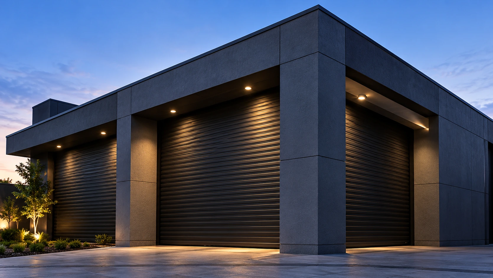 Dark roller shutters integrated into a modern building exterior