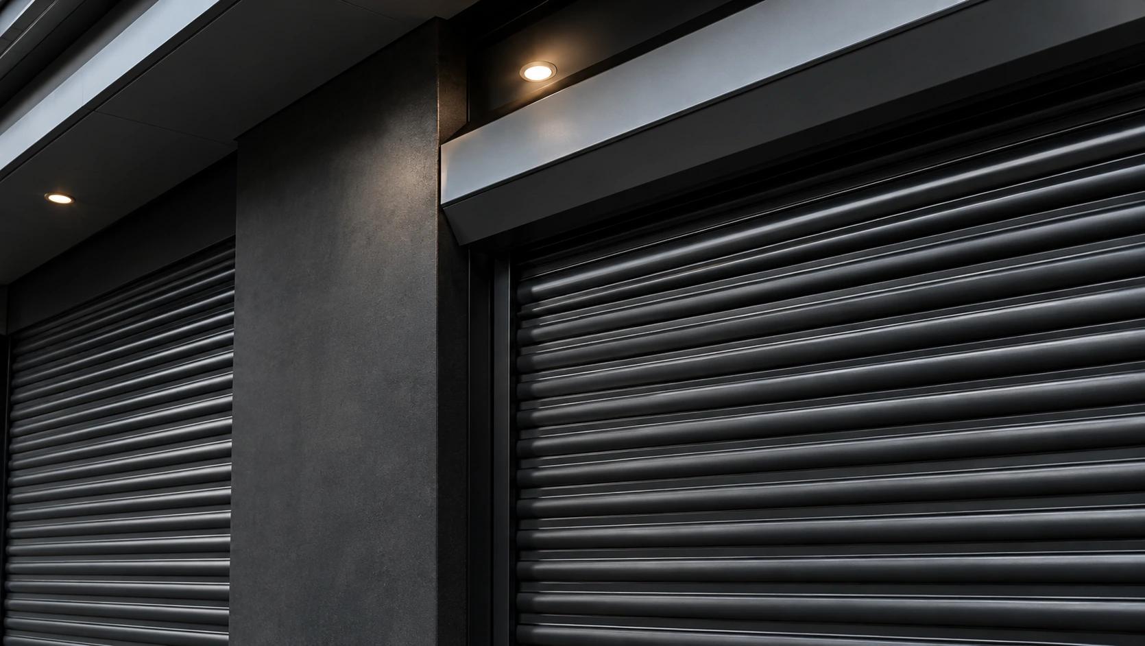 Custom-fitted dark roller shutters on a contemporary facade
