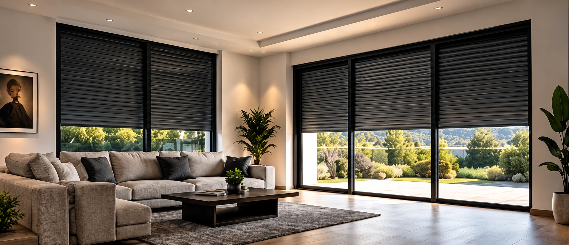 Living room with dark roller shutters, soft furnishings and views into the garden