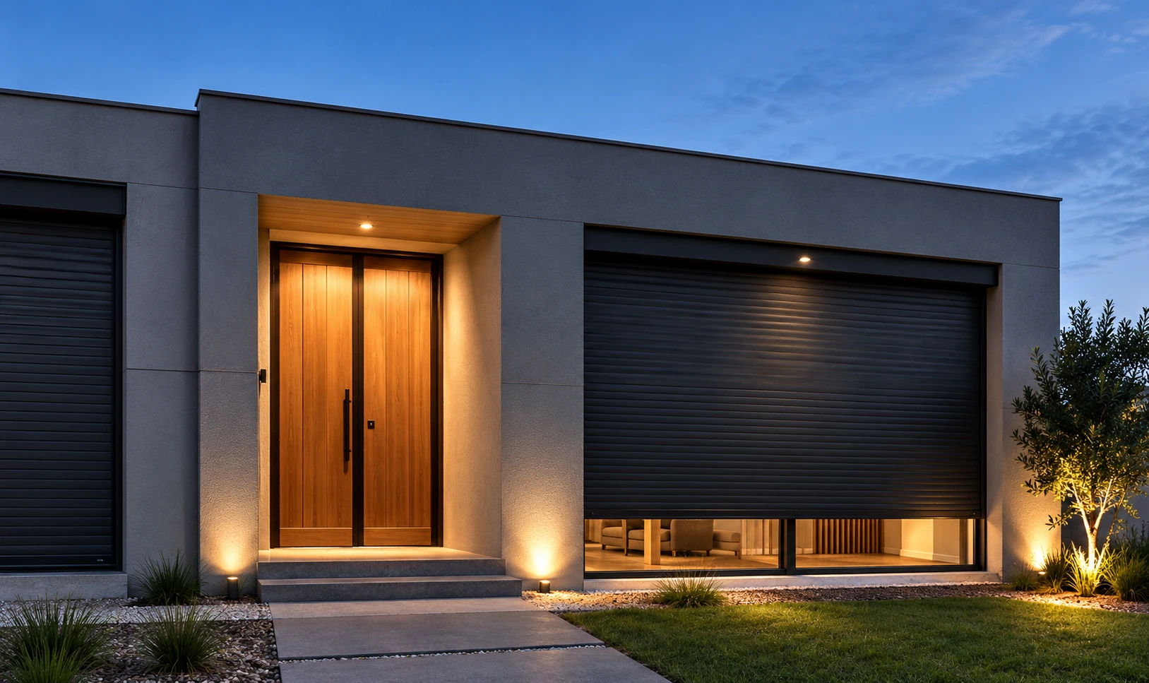 A contemporary home with a dark shutter finish, balanced by warm entrance lighting.