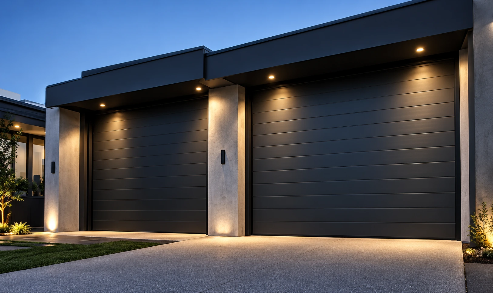 A coordinated dark finish brings the exterior openings together.