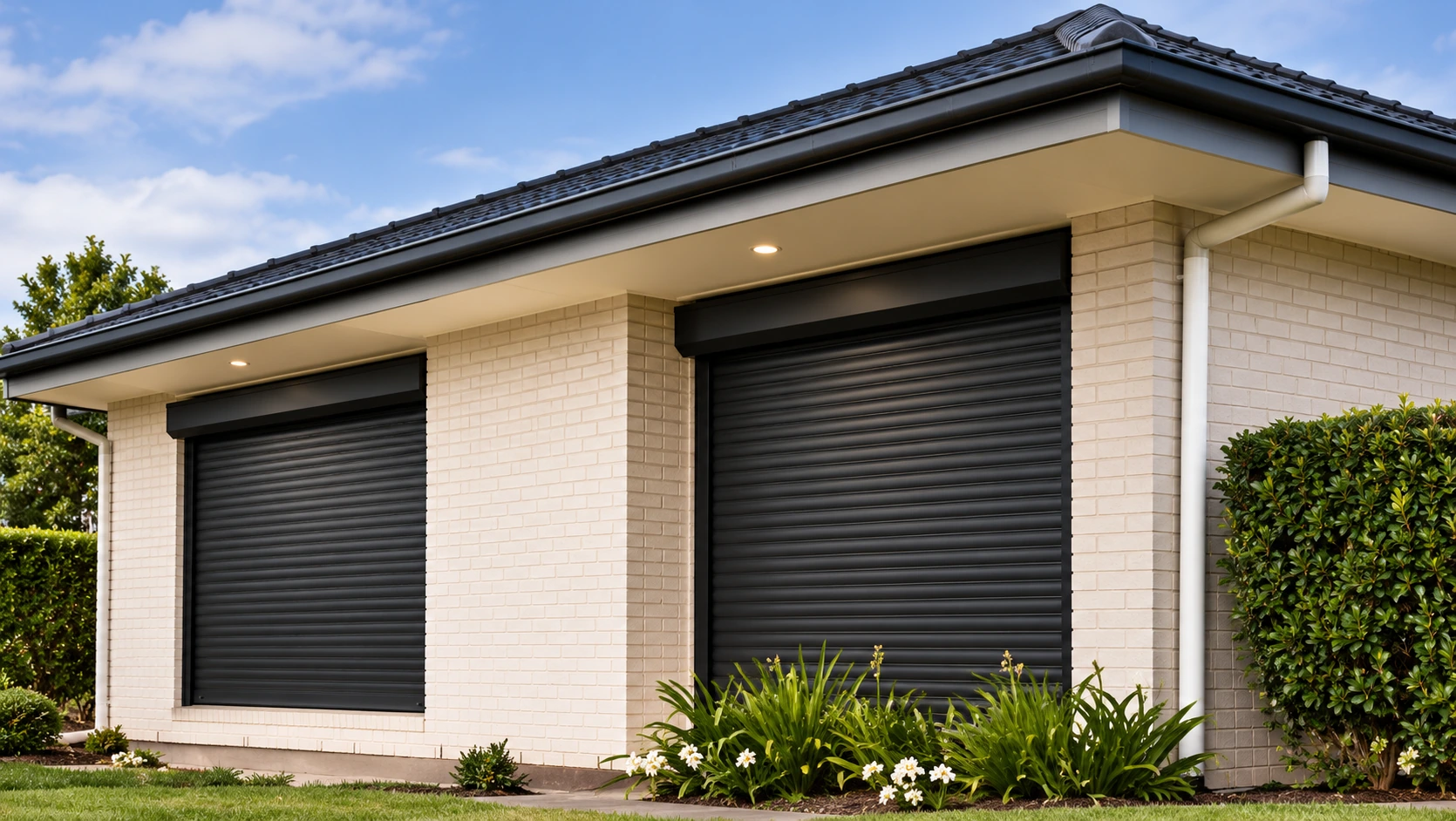 Contemporary home with dark roller shutters and a warm entrance